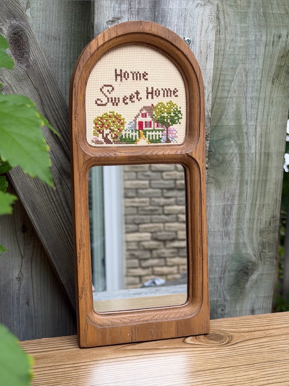 Vintage 1983 Janlynn “Home Sweet Home” Wood Framed Cross-Stitch Mirror